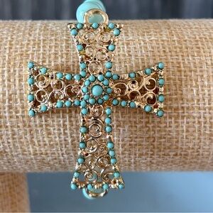NWT Gold Cross Turquoise Bead Stretch Bracelet